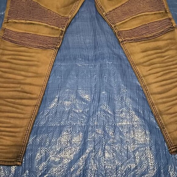 Rock Revival Moto Biker Tapered Faded Tan Leg Jeans “Elliot” Great Condition - Picture 4 of 11